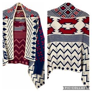 Cato Waterfall Open Front Cardigan LG Red White Blue Western Aztec Americana